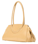 The Staud Maude Shoulder Bag flaunts polished tan leather, long rounded handles, side knotted details, and a chic flap closure.