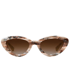 Krewe's Sasha Sunglasses, with their marble-patterned acetate cat-eye frame and gradient brown lenses, showcased against a white backdrop, embody the latest trend in fashion eyewear.