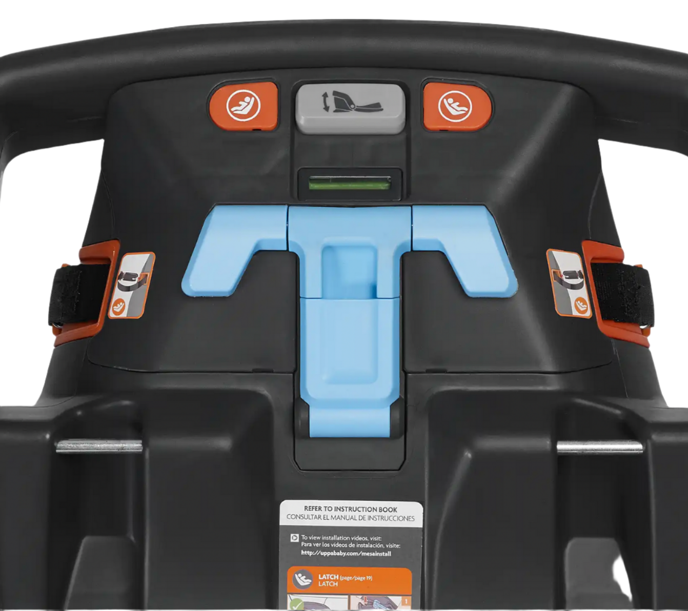 Close-up of the UPPAbaby Mesa & Mesa V2 Infant Carseat Base, featuring blue and orange adjustment mechanisms, instructional icons, and a level indicator—engineered for flexible installation in multiple family vehicles.