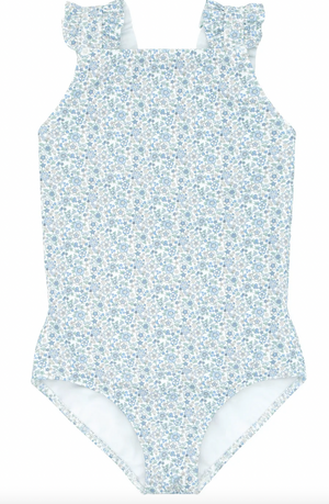 The Minnow Baby Girls' and Girls' Ruffle Sleeve Rashguard One Piece, in a blue and white floral pattern, features a high neckline with ruffled shoulder straps for extra sun coverage, showcased on a plain background.