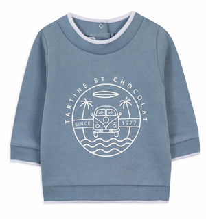 Keep your baby boy warm this winter in the Tartine et Chocolat Baby Boys' and Boys' Camper Van Sweatshirt, featuring a blue long-sleeve design with a white camper van, palm trees, and "Tartine et Chocolat Since 1977" graphic.