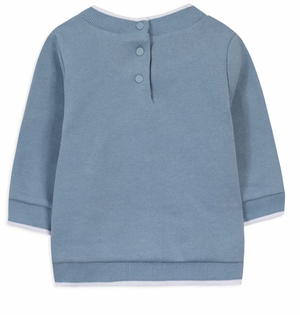 The Tartine et Chocolat Baby Boys' and Boys' Camper Van Sweatshirt is a light blue long-sleeve knit shown from the back, with three buttons at the upper center and white trim at the cuffs and hem—ideal for cozy winter days.