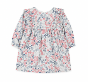 The Tartine et Chocolat Baby Girls' Raspberry Printed Flowery Dress features charming long sleeves and ruffled details in a cozy blend of pink, blue, and gray, making it ideal for delightful winter outfits.