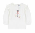 The Tartine et Chocolat Long Sleeve Flower Little Mouse Tee is a white baby girl T-shirt with ruffled shoulders, adorned with a print of a mouse in a pink dress and small flowers, made from soft fabric.