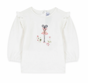 The Tartine et Chocolat Long Sleeve Flower Little Mouse Tee is a white baby girl T-shirt with ruffled shoulders, adorned with a print of a mouse in a pink dress and small flowers, made from soft fabric.