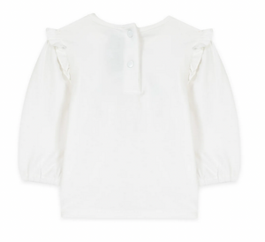 The Tartine et Chocolat Long Sleeve Flower Little Mouse Tee is a white baby girl shirt with ruffled shoulders, soft fabric, and snap buttons on the back.