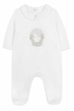 The Tartine et Chocolat Baby Pyjama Snowball Bunny Onesie, made of 100% cotton, features a white Peter Pan collar and a gray oval design with a white rabbit and floral elements—ideal for cozy nights or as pajamas.