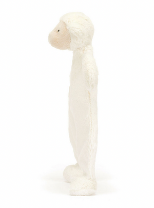 The Bashful Lamb Comforter by Jellycat is a plush white sheep toy with a round beige face, made from recycled fibers—the ideal gift for newborns.