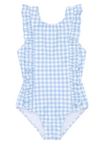 Minnow's Baby Girls' and Girls' Ruffle Sleeve Rashguard One Piece in light blue and white gingham features a high neckline and charming ruffled sides.