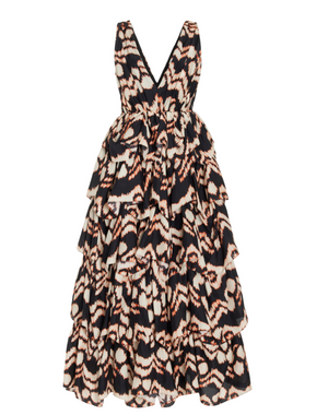 The Dephne Dress by Ulla Johnson is a sleeveless, V-neck silk taffeta maxi with tiered silhouette and an ikat-inspired black, beige, and brown abstract animal print.