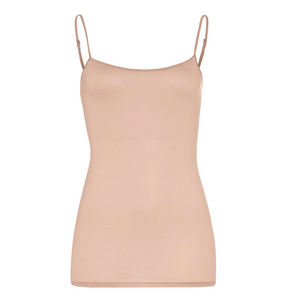 The Ultralight Spaghetti Camisole by Hanro USA, in beige and made from Mercerized Cotton, is elegantly displayed on a plain white background with thin adjustable straps.