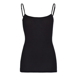The Hanro USA Ultralight Spaghetti Camisole, in black with adjustable straps, is crafted from luxurious mercerized cotton against a white backdrop.