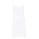 The Ultralight Bodydress by Hanro USA is a white sleeveless slip dress made from mercerized cotton, featuring thin straps and a V-neckline, ideal for daywear.