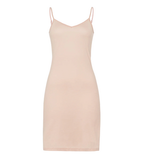 Experience the breathable feel of Hanro USA's Ultralight Bodydress, a beige spaghetti strap slip dress on a white background, crafted from mercerized cotton for ultra-light daywear elegance.
