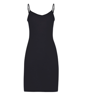 The Hanro USA Ultralight Bodydress, a sleeveless black design with thin straps and a V-neckline, crafted from mercerized cotton, provides an ultralight daywear feel and is showcased against a white background.