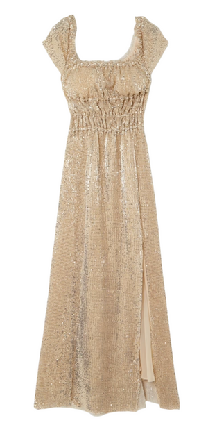 This dazzling Lily Dress by Altuzarra is a floor-length gold sequin gown with a gathered waist, side slit, and elegant short sleeves for added allure.