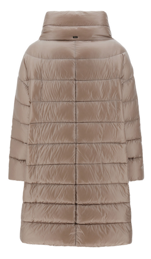 The Matilde Coat by Herno is a tan, knee-length quilted puffer with horizontal stitching and a high collar, shown from the back. It's crafted with ultra-fine goose down for a lightweight feel.
