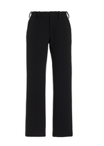 Introducing the Soren Cropped Trouser by Brandon Maxwell: black, straight-leg, and expertly tailored with belt loops, a front zipper, and button closure. Crafted from 100% cotton for unmatched comfort and sophistication. Elevate your style effortlessly with this chic design.