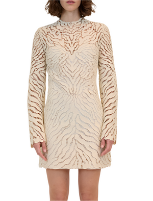 A woman wearing the Simkhai Charis Mini Dress—a chic, long-sleeve cream piece with embroidered eyelet cut-outs and a high neckline—stands against a white background.