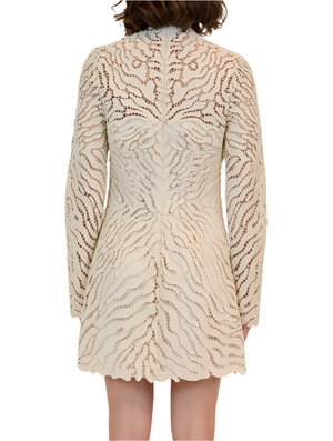 A woman is shown from the back wearing the Simkhai Charis Mini Dress—a cream, long-sleeve lace design with an intricate wavy cutout pattern, embroidered eyelet details, and a scalloped hem.