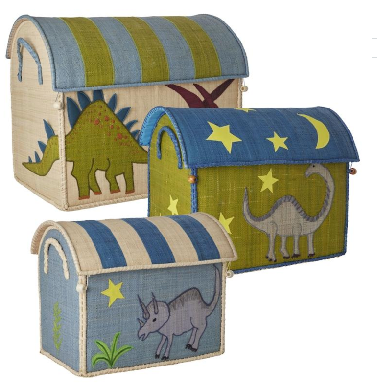 The Rice Raffia Toy Baskets, featuring vibrant dinosaur designs and star motifs, are crafted from Madagascar raffia. These handmade treasures add a touch of whimsy and charm to any space.