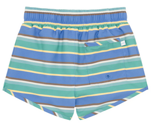 The Minnow Boy's Boardie by Minnow is a pair of striped swim trunks in a boy's style, showcasing a pattern of blue, green, yellow, and gray. These trunks feature an elastic waistband for enhanced comfort and mobility and include a back pocket with a button closure.