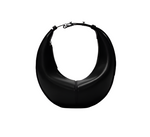 The Mini Slide Bag by Proenza Schouler is black, crescent-shaped with a minimalist design, an adjustable strap, and a subtle monogram detail.