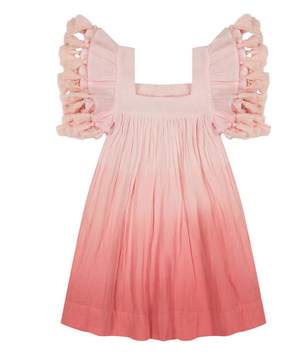 The Girls' Serena Dress by Mer is perfect for any special occasion, offering a delightful blend of charm and elegance with its pink and white ombre coloring, whimsical embroidery, ruffled sleeves, and square neckline.