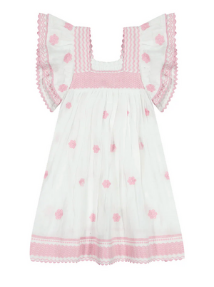 The Girls' Serena Dress by Mer is a white tassel dress with whimsical pink floral embroidery and scalloped edges on its ruffled sleeves, hem, and square neckline—ideal for a special occasion.