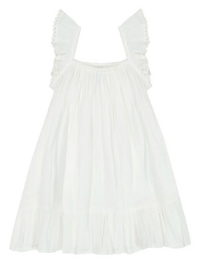 The Mer St Barth Mini Eva Girl's Ruffle Dress by Mer is a charming white, sleeveless dress featuring ruffled straps and a flared silhouette. Made from lightweight cotton gauze, it's designed for comfort and elegance on any occasion.