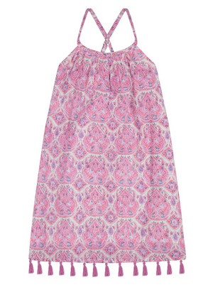 The Girls' Mini Chantal Sundress by Mer is sleeveless with a pink and purple paisley pattern, crisscross straps, and a tassel trim at the hem, ideal for a vibrant summer look.