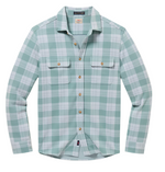 The Faherty Legend™ Sweater Shirt, a bestseller featuring green and white plaid, two chest pockets, and brown buttons, is crafted from soft knit fabric and displayed on a plain background.