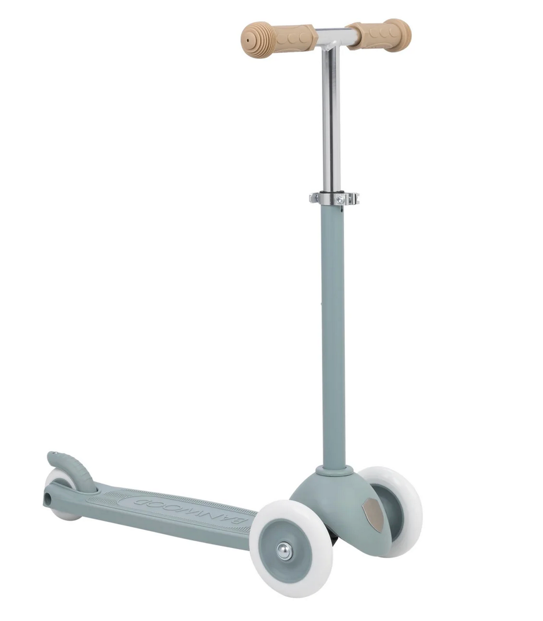 The Banwood Eco Scooter, a three-wheeled children’s scooter from the Eco Collection, is made with recycled plastic and features a light blue frame, beige handlebars, and white wheels, shown on a white background.