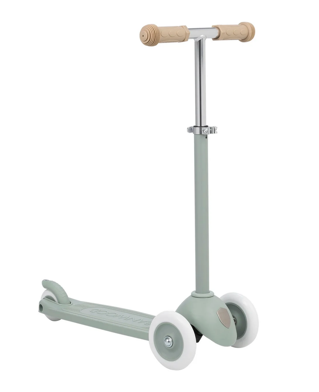 The Banwood Eco Scooter, part of the Eco Collection, is a light green 3-wheel model with beige handlebars and white wheels, made from recycled plastic and shown on a plain white background.