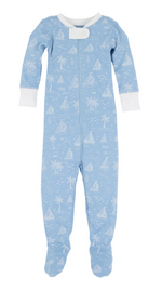 The Beaufort Bonnet Company's Baby Boys' Knox's Night Night is a light blue, long-sleeved, footed pima cotton onesie with white cuffs and a nautical sailboat print—Bay Side Boats style.
