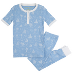 The Beaufort Bonnet Company Boys' Suttons Short Sleeve Set features soft pima cotton in light blue with white Bay Side Boats, a buttoned short-sleeve top, matching long pants, and white trim from the Night Night Collection.