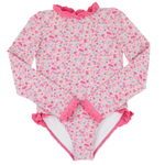 The Beaufort Bonnet Company's Baby Girls and Girls' Sarasota Surf Suit features long sleeves, a pink floral design, ruffled collar and leg openings, pink lace trim, and built-in sun protection for stylish comfort.