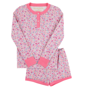 The Beaufort Bonnet Company’s Girls' Sara Jane's Long Sleeve Short Set features a pink floral long-sleeve pajama top with Romany Rose trim and buttons, paired with matching shorts.