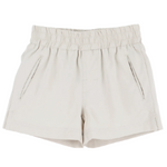 The Beaufort Bonnet Company Baby Boys' and Boys' Prepletic™ Sheffield Shorts in beige, featuring an elastic waistband and two slanted front pockets, are shown on a plain white background.