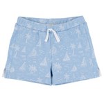 The Beaufort Bonnet Company’s Baby Boys' and Boys' Shaefer Shorts feature soft pima cotton in light blue, a white drawstring, and a charming pattern of sailboats, palm trees, birds, and fish.