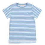 The Beaufort Bonnet Company’s Baby Boys’ Carter Crewneck T-shirt in Buckhead Blue Stripe with white horizontal stripes is shown laid flat on a white background.