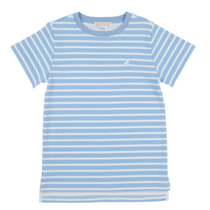 The Beaufort Bonnet Company’s Baby Boys’ Carter Crewneck T-shirt in Buckhead Blue Stripe with white horizontal stripes is shown laid flat on a white background.