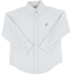 The Boys' Dean's List Dress Shirt by The Beaufort Bonnet Company features long sleeves, a button-up front, pastel plaid pattern, and a small blue bird logo on the chest—perfect for summer style, shown on a flat white background.