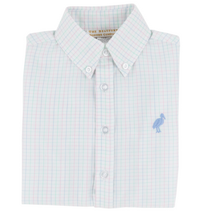 The Beaufort Bonnet Company Boys' Dean's List Dress Shirt features a light pastel grid, long sleeves, and a small blue bird on the front—an ideal refresh for his summer wardrobe.
