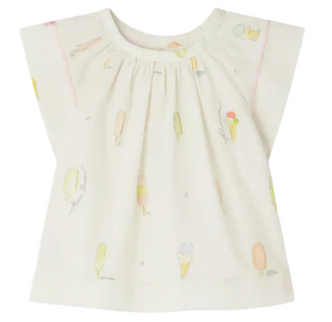 The Bonpoint Baby Girls' and Girls' Alisia Blouse in Ice-Cream Printed Poplin features a light pastel ice cream and popsicle print, gathered neck detail, short sleeves, and a comfortable, loose fit for summer.