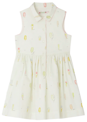 Bonpoint Girls' Anne Sleeveless Dress features a collar, button-down front, and an ice-cream print with colorful popsicles on a white background.