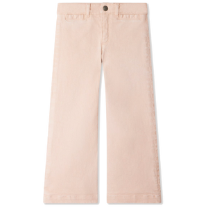 The Bonpoint Girls' Gersande Flared Jeans in Organic Cotton feature a light pink hue, high waist, flared legs, button and zip closure, and front and back pockets in a simple design.