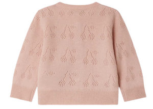 The Bonpoint Baby Girls' and Girls' Gwenoli Pink Cashmere Cardigan features an openwork dotted cherry pattern, shown from the back against a white background.