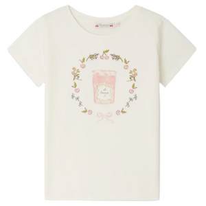 The Girls' Alcala T-shirt with Jam Print in Organic Cotton by Bonpoint is a white short-sleeve tee featuring a central pink jam jar illustration with small floral and fruit designs.