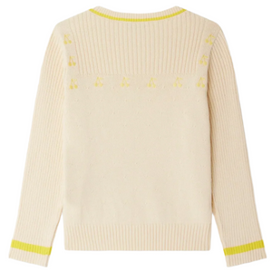 The Girls' Enrica Ribbed Sweater by Bonpoint features long sleeves, a cream color with yellow trim on the cuffs and neckline, patterned knit sleeves, and small cherry embroideries near the shoulders.